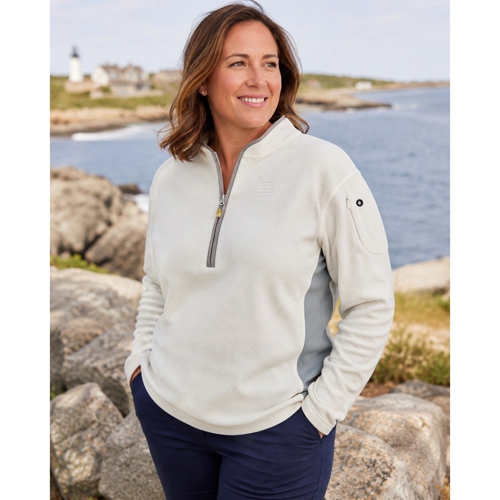 Lands End 1/4 Zip Fleece Pullover XL Cream Media Pocket Sport Quarter Sweatshirt